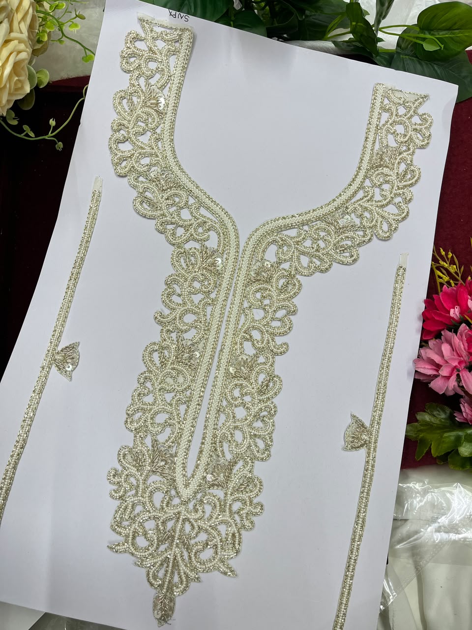 Handmade Bead Work Neck Patch for Kurtis, Dresses & Blouses – Designer Handcrafted Beaded Neckline Applique | DC1004 | Pani Gold