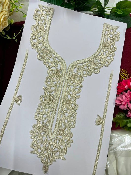 Handmade Bead Work Neck Patch for Kurtis, Dresses & Blouses – Designer Handcrafted Beaded Neckline Applique | DC1004 | Pani Gold
