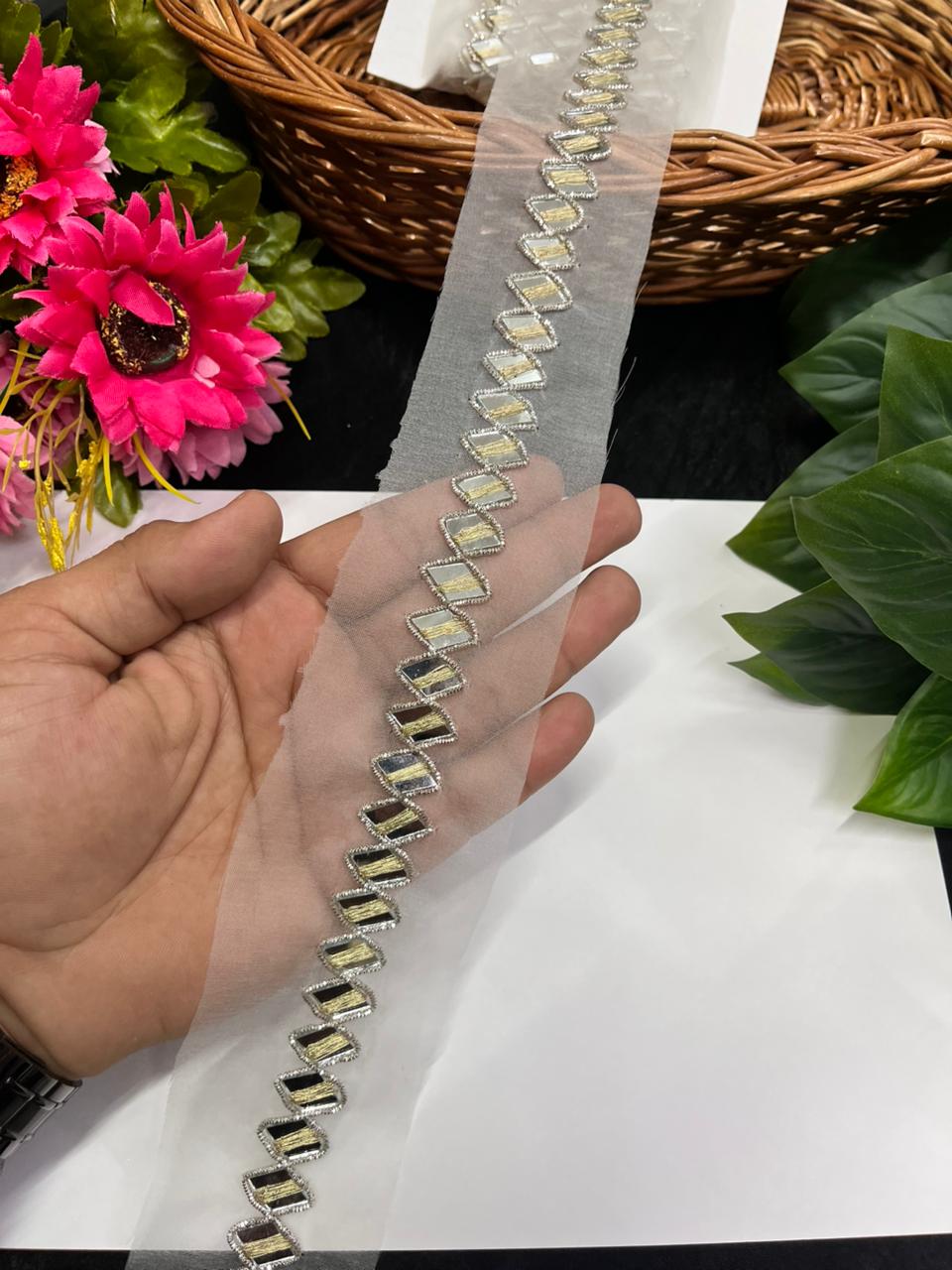 Real Mirror Handwork Lace – Premium Half Inch Handmade Decorative Border for Ethnic & Festive Wear (9 Meter) | Pani Gold