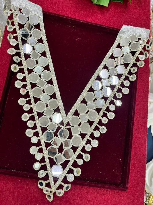 Real Mirror Work Neck Patch for Kurtis, Dresses & Blouses – Designer Handcrafted Mirror Neckline Applique | DC0986 | Pani Gold