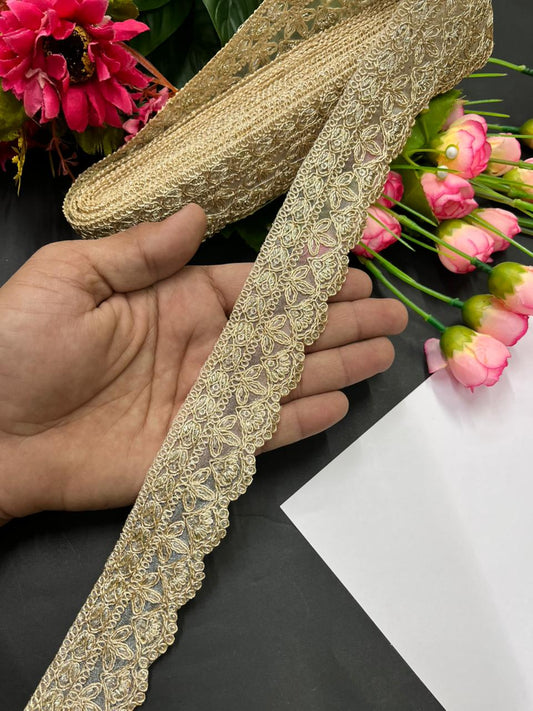 Gold Embroidered Zari Lace Trims – Premium 1.5 Inch Designer Border for Sarees, Dupattas, Lehengas & Festive Wear (9 Meter) | Pani Gold