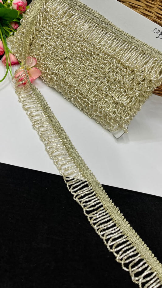 Handmade Cutdana Latkan Lace for Sarees, Lehengas, Dupattas & Blouses – Designer Handcrafted Cutdana Hanging Lace Border (1 Inch) | DC1067 | Pani Gold