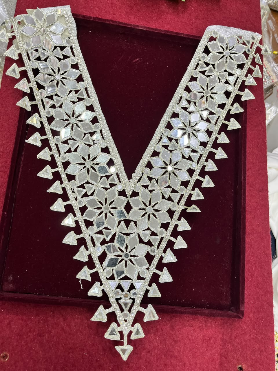 Real Mirror Work Neck Patch for Kurtis, Dresses & Blouses – Designer Handcrafted Mirror Neckline Applique | DC0987 | Pani Gold
