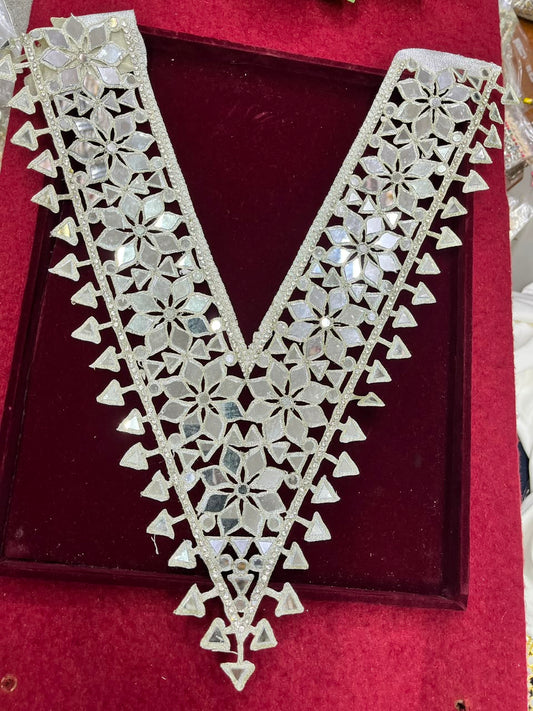 Real Mirror Work Neck Patch for Kurtis, Dresses & Blouses – Designer Handcrafted Mirror Neckline Applique | DC0987 | Pani Gold