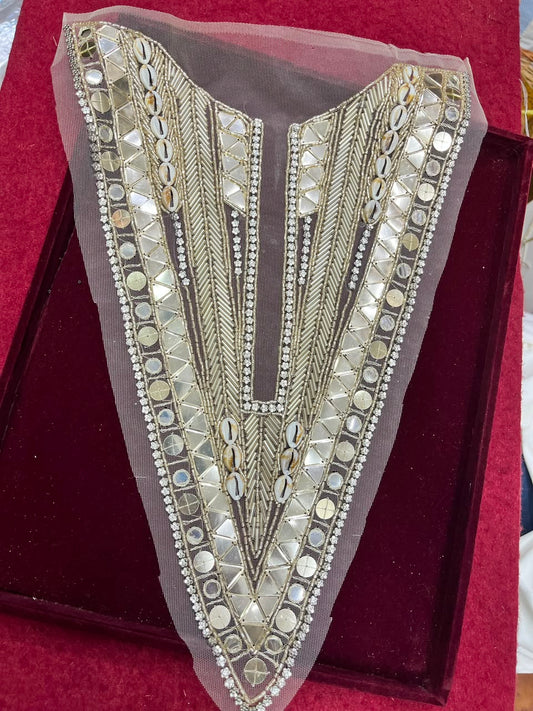 Designer Handcrafted Neck Patch for Dresses, Kurtis & Blouses – Premium Embroidered Neckline Applique | DC0982 | Pani Gold