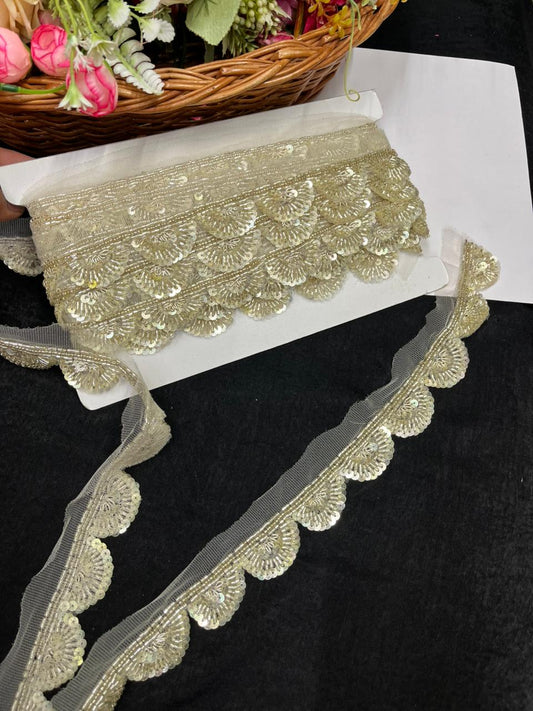 Luxurious Scalloped Beaded Handcrafted Lace – Premium Handmade Designer Lace | Pani Gold