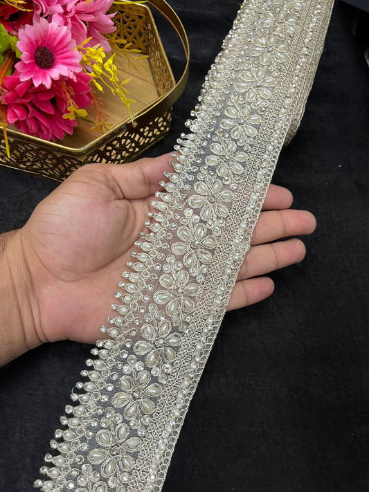 Pearl Work Embroidered Designer Lace – Elegant Mirror Lace Border for Sarees, Dupattas & Lehengas (9 Meter, 2.5 Inch Width) | Pani Gold