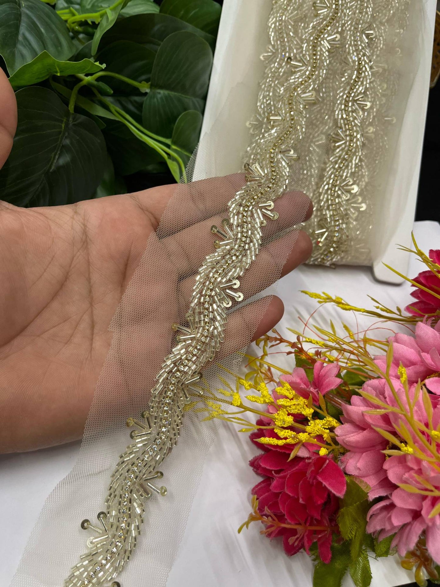 Handcrafted Cutdana & Diamond Lace Border on Net Fabric – 9 Meters, 1-Inch Embellished Trim for Sarees & Lehengas | Pani Gold