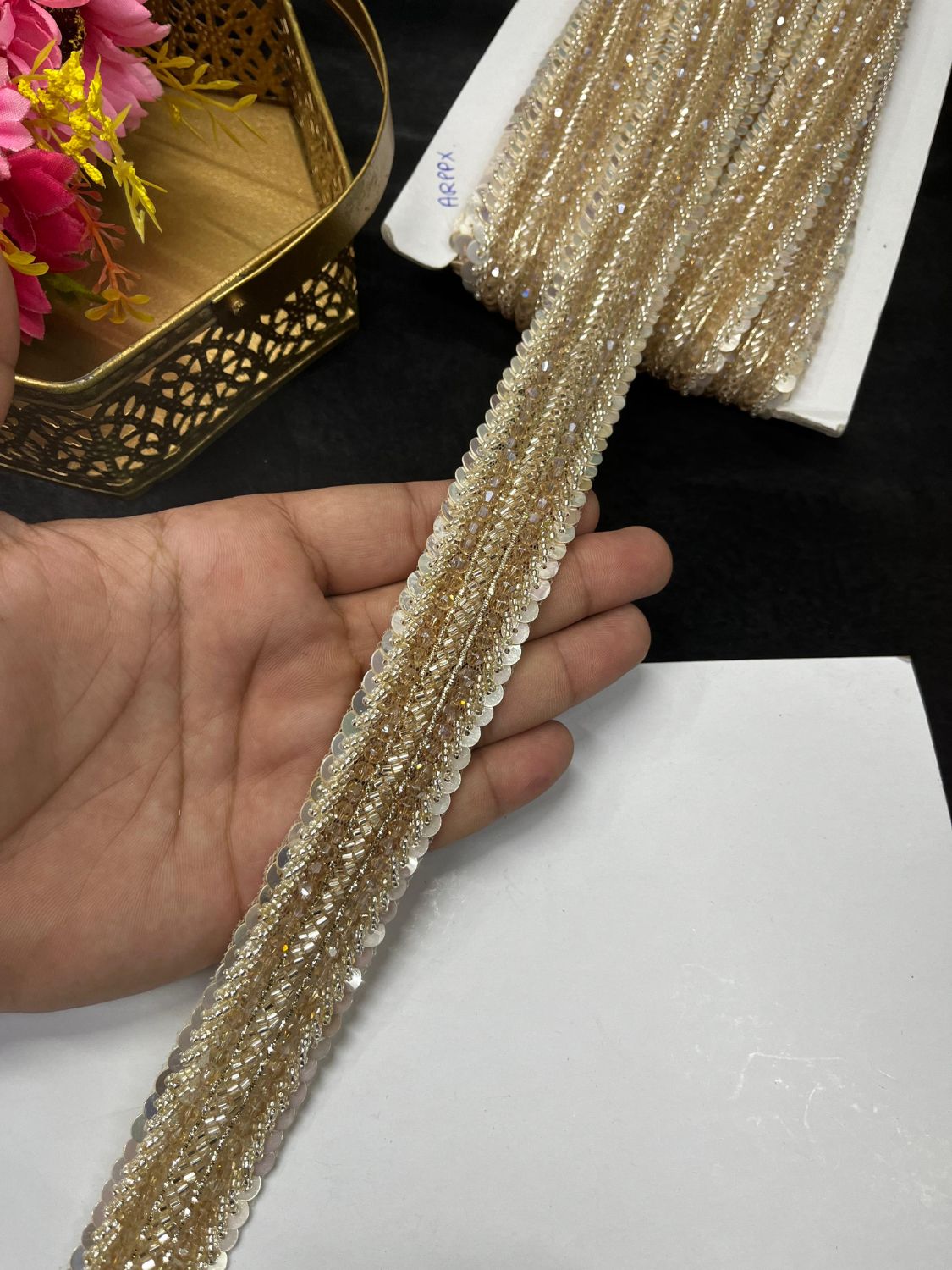 Handmade Beaded Lace Trims – Elegant Designer Borders for Sarees, Lehengas & Dupattas (9 Meter, 1.5 Inch Width) | Pani Gold