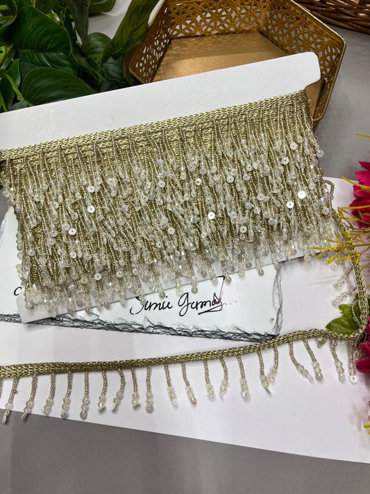 Beaded Hanging Tassel Lace with Sequins – Premium 2 Inch Latkan Style Decorative Border for Ethnic & Festive Wear (9 Meter) | Pani Gold