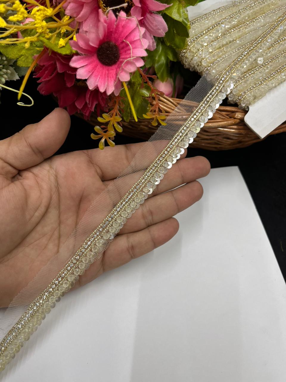 Luxurious Crystal with Diamond Work Handmade Lace – Premium Designer Handmade Lace | Pani Gold