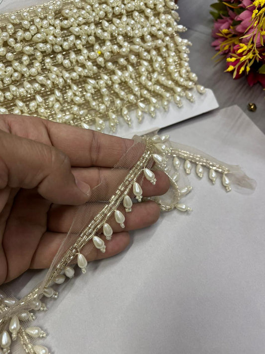 Pearl Drop Hanging Lace for Bridal Blouses & Dupattas – Elegant 1 Inch Latkan Style Decorative Border for Wedding & Festive Wear (9 Meter) | Pani Gold
