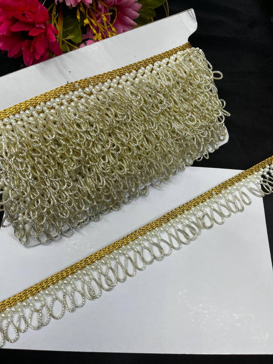 Handcrafted Zardozi Hanging Lace – Elegant Latkan Border Trim for Sarees, Dupattas & Bridal Wear (9 Meter, 2 Inch Width) | Pani Gold