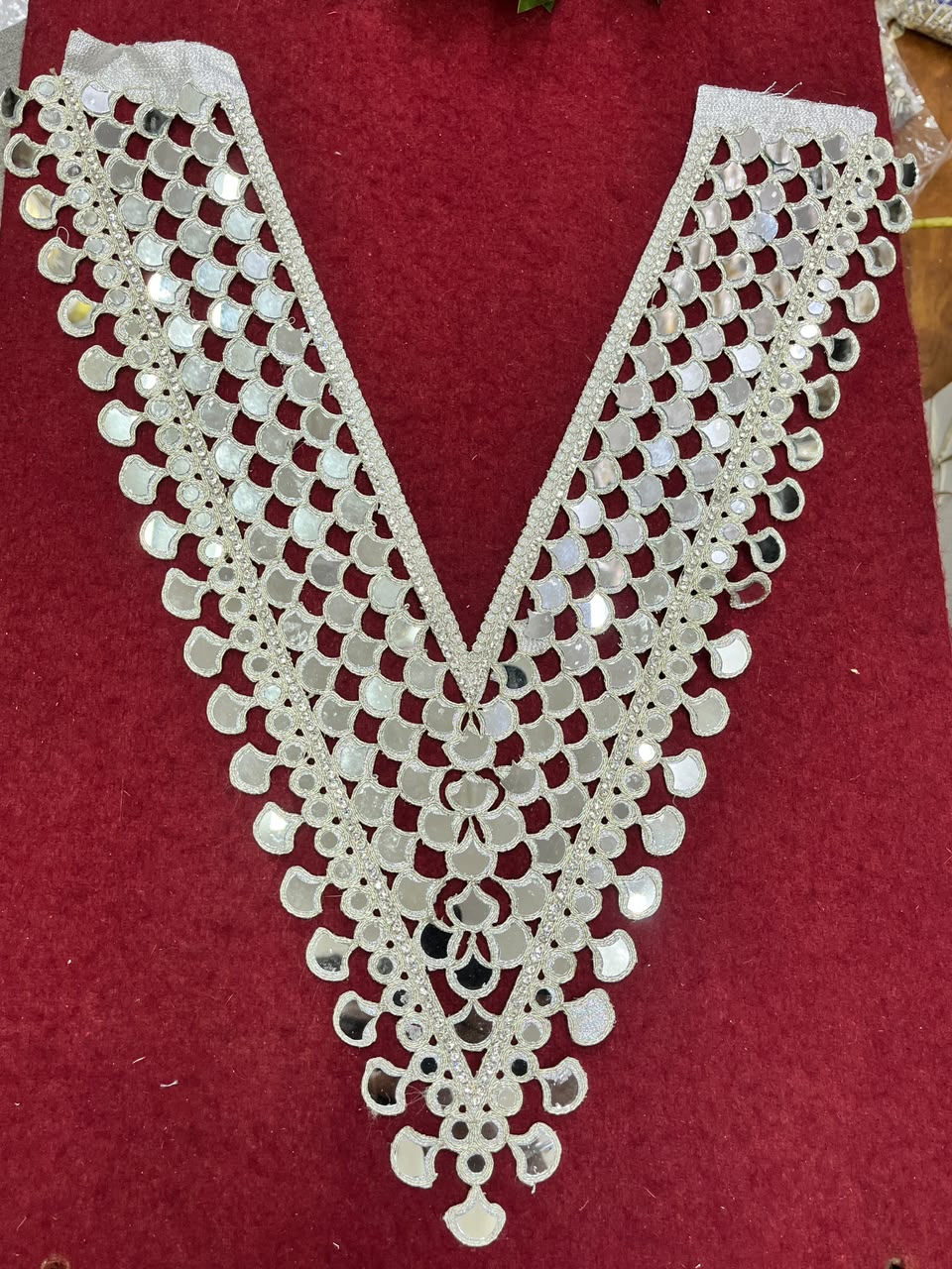 Real Mirror Work Neck Patch for Kurtis, Dresses & Blouses – Designer Handcrafted Mirror Neckline Applique | DC0992 | Pani Gold