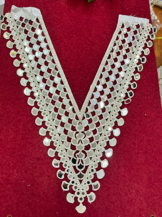 Real Mirror Work Neck Patch for Kurtis, Dresses & Blouses – Designer Handcrafted Mirror Neckline Applique | DC0992 | Pani Gold