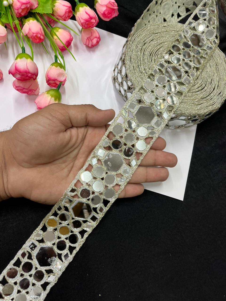 Beautiful Mirror Laces – Elegant 2 Inch Decorative Border for Sarees, Dupattas & Ethnic Wear (9 Meter) | Pani Gold