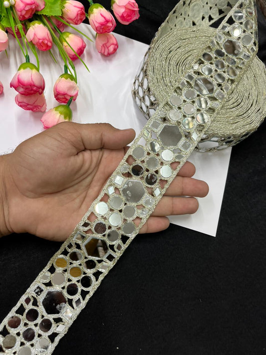 Beautiful Mirror Laces – Elegant 2 Inch Decorative Border for Sarees, Dupattas & Ethnic Wear (9 Meter) | Pani Gold