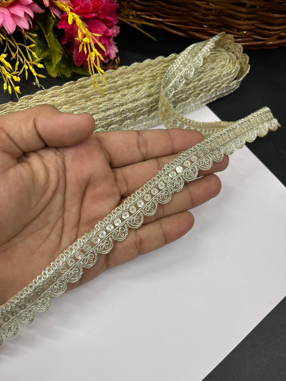 Scalloped Embroidered Zari Lace Border for Sarees – Elegant Gold Lace for Dupattas, Lehengas & Festive Wear (9 Meter, 1 Inch Width) | Pani Gold