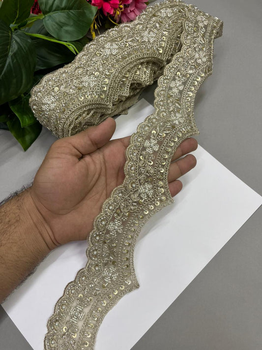 Cutdana Work Scalloped Zari Lace – Premium 2 Inch Gold Embroidered Decorative Border for Bridal & Festive Wear (9 Meter) | Pani Gold