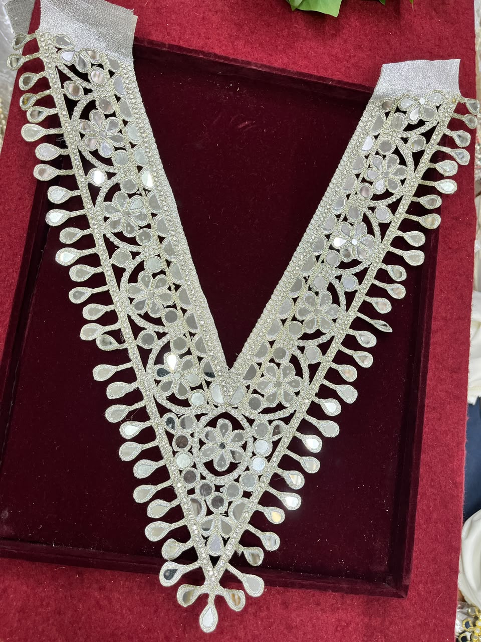 Real Mirror Work Neck Patch for Kurtis, Dresses & Blouses – Designer Handcrafted Mirror Neckline Applique | DC0984 | Pani Gold