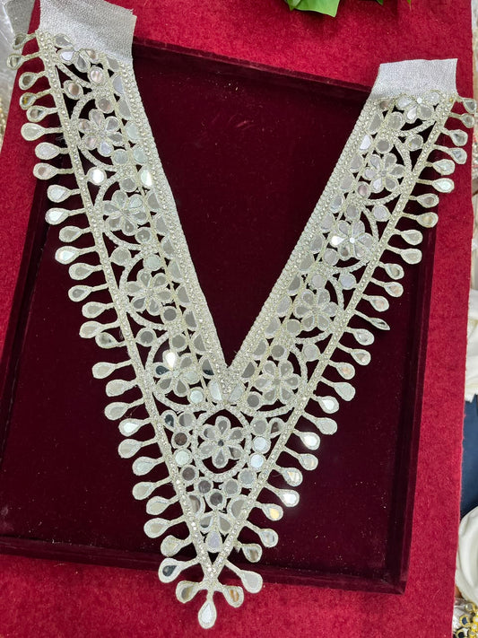 Real Mirror Work Neck Patch for Kurtis, Dresses & Blouses – Designer Handcrafted Mirror Neckline Applique | DC0984 | Pani Gold