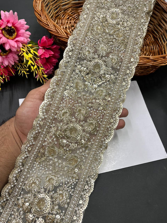 Luxurious Beaded Cutdana Bridal Lehenga Lace Borders – Heavy Designer Embellished Trim for Bridal Lehengas, Sarees & Dupattas (9 Meter, 5.5 Inch Width) | Pani Gold