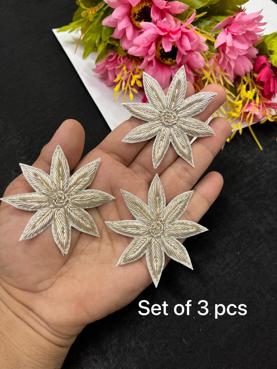 Beautiful Handcrafted Zardozi Flower Patch Applique Set of 3 for Sarees, Blouses & Dresses – Designer Floral Embroidery Patch | Pani Golden
