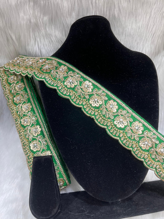 Designer Maggam Work Lace Border – 9 Meters, 2-Inch Width, Handcrafted Embroidery | Paroot Green