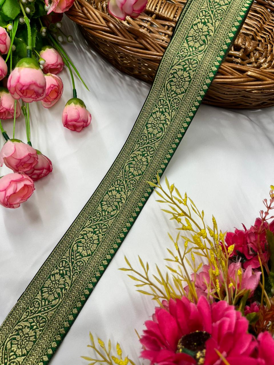 Beautiful Banarasi Lace for Sarees, Lehengas & Dupattas – Traditional Designer Banarasi Lace Border (2 Inch) Parrot Green