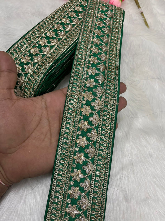 Elegant Embroidered Designer Lace Border – 9 Meter Roll, 2.5 Inch Wide for Sarees, Dresses, and Crafts | Parrot Green