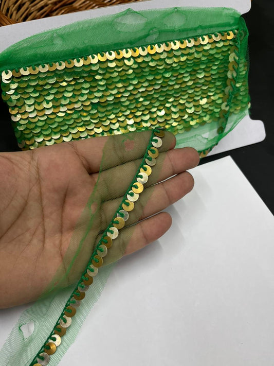 Sabyasachi-Inspired Metal Coin Lace for Dupattas & Sarees – Premium Handmade Ethnic Lace Border | Parrot Green