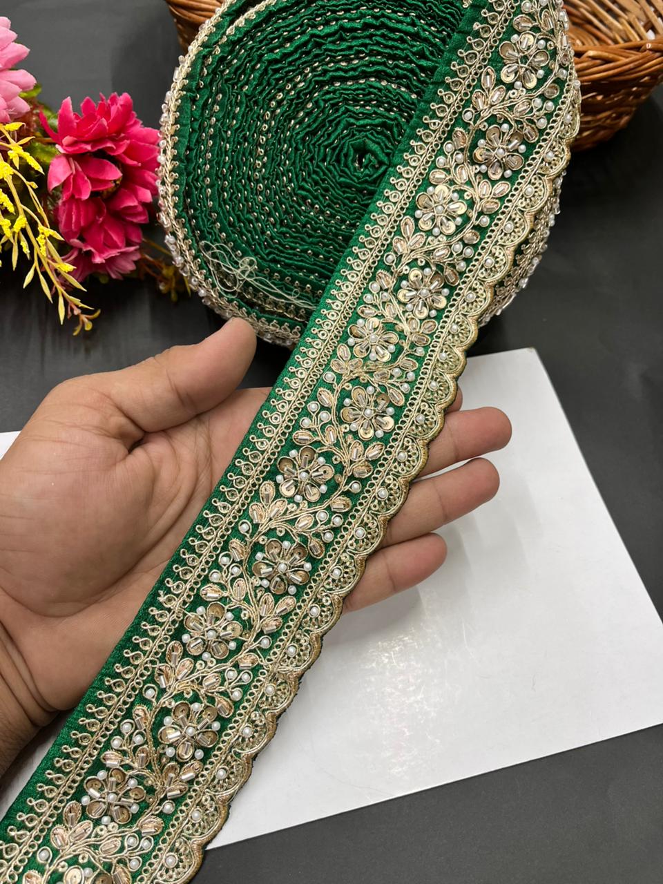 Beaded Embroidered Bridal Laces – Premium Maggam Work Borders for Sarees, Lehengas & Dupattas (9 Meter, 2.5 Inch Width) | Parrot Green