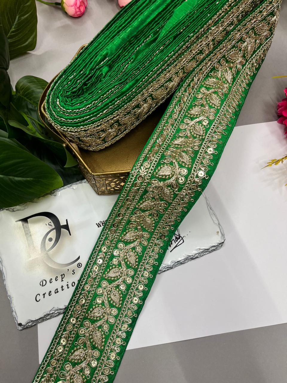 Silk Based Embroidered Saree Lace & Borders – Premium 2 Inch Decorative Lace for Ethnic & Festive Wear (9 Meter) | Parrot Green