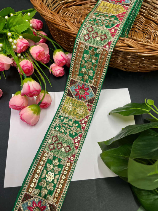 Sabyasachi Inspired Embroidered Sari Border with Zari & Sequin – 9 Meters, 2.5-Inch Designer Lace for Sarees & Lehengas | Parrot Green