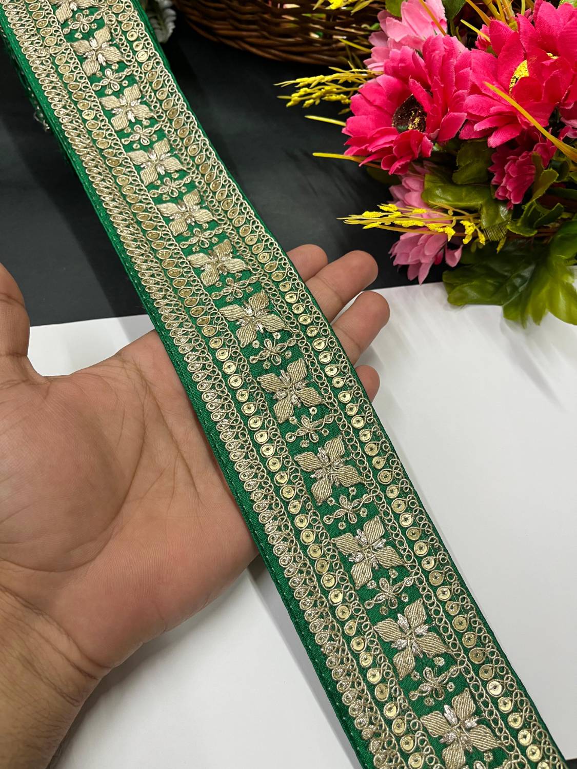 Zari Embroidered Saree Lace Border Trim for Dupatta & Dresses – Fancy Embellished Lace (9 Meter) | Parrot Green