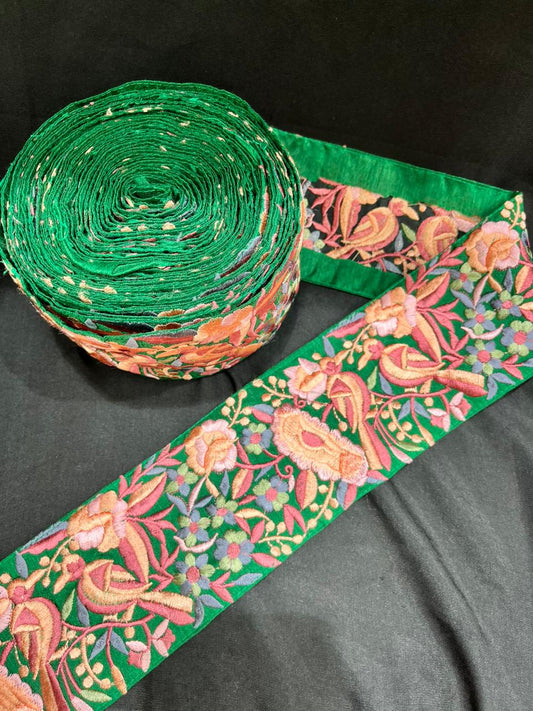 Parsi Embroidery Lace for Saree, Lehenga & Dupatta – Designer Thread Embroidered Ethnic Lace Border (3 Inch) | Parrot Green