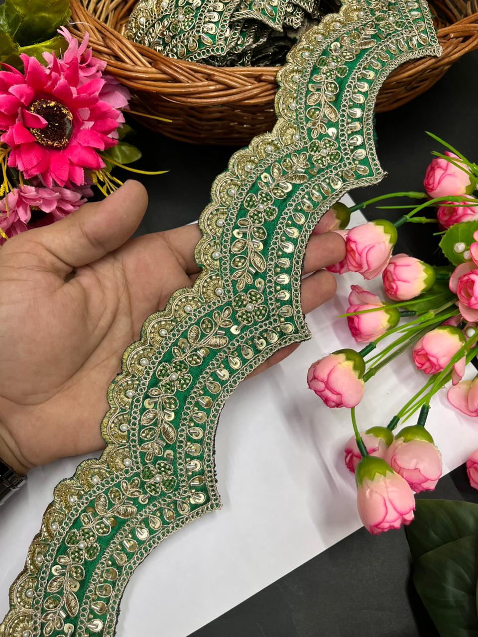 Scalloped Maggam Work Saree Borders – Premium Designer Maggam Lace Border for Ethnic Wear | Parrot Green