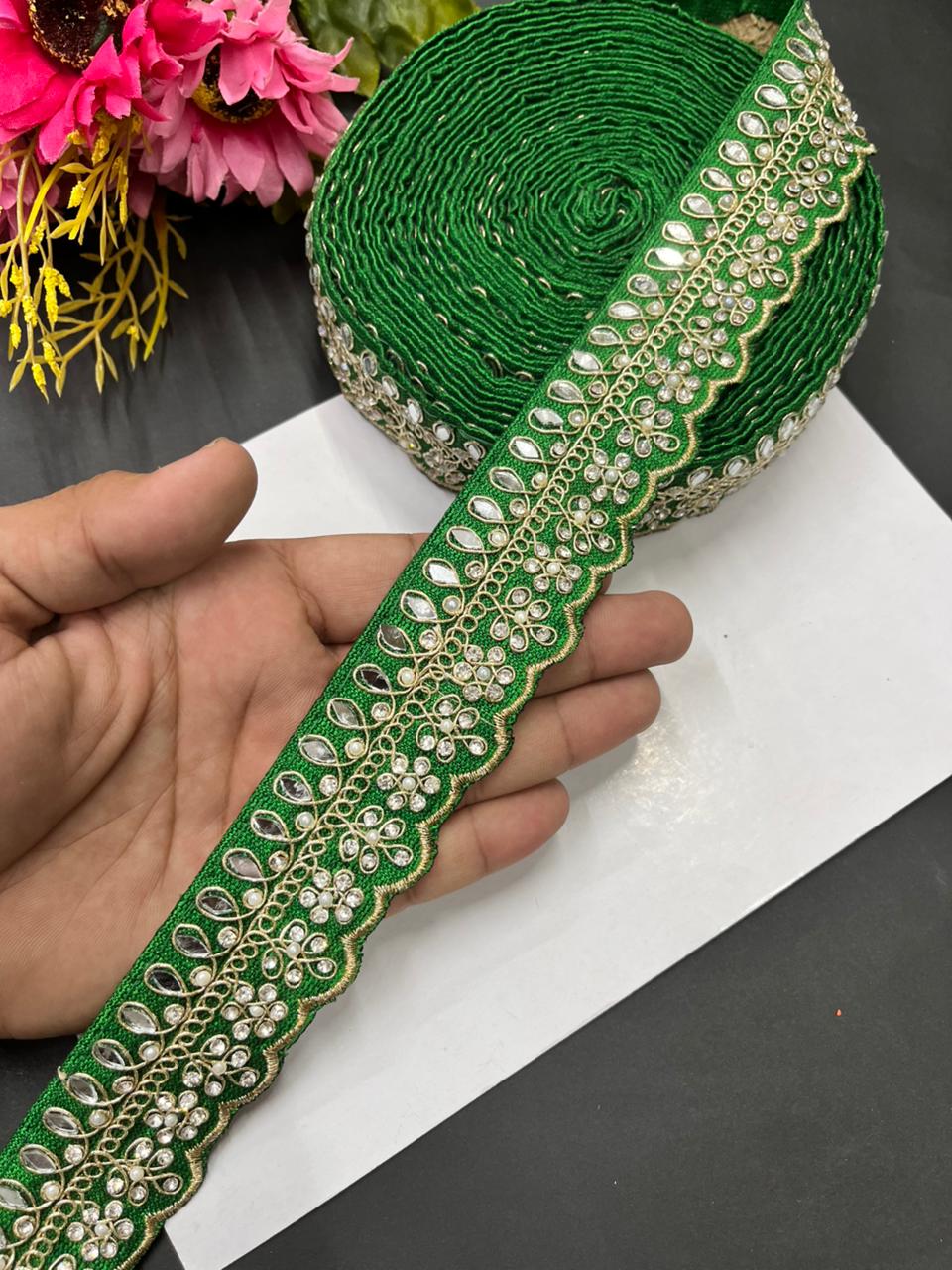 Luxurious Mirror Work with Diamond Laces – Designer Maggam Work Borders for Sarees, Lehengas & Dupattas (9 Meter, 1.5 Inch Width) | Parrot Green