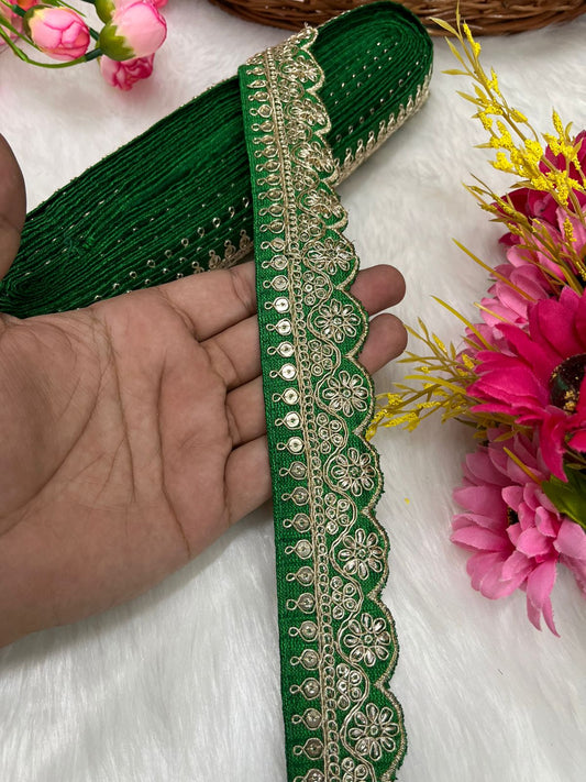 Embroidered Designer Lace – Indian Wedding Trims, Saree Border, 1.5 Inch Wide Lace Reel (9 Mtr) | Parrot Green