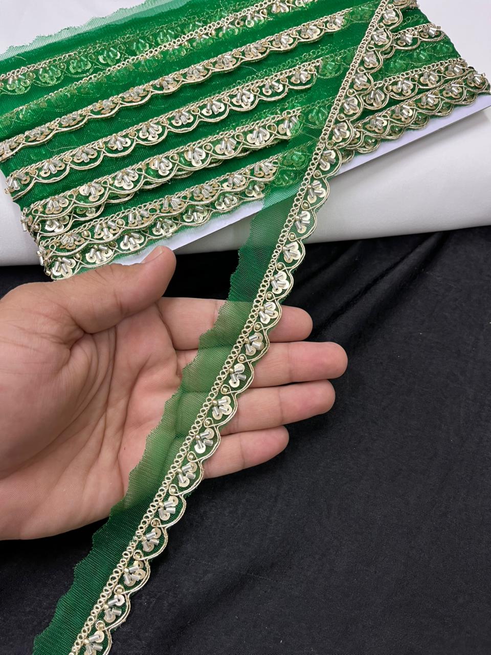 Scalloped Cutdana Work Lace for Sarees & Dupattas – Designer Maggam Work Lace Border (Half Inch) | Parrot Green