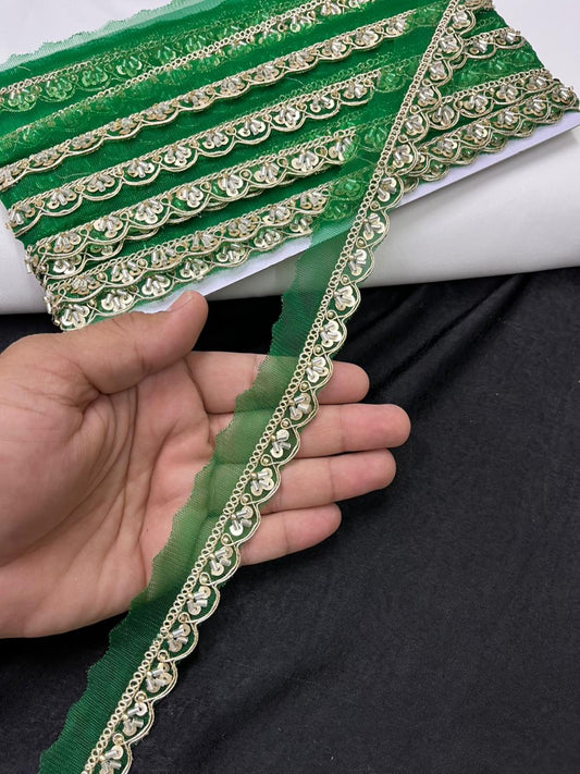 Scalloped Cutdana Work Lace for Sarees & Dupattas – Designer Maggam Work Lace Border (Half Inch) | Parrot Green