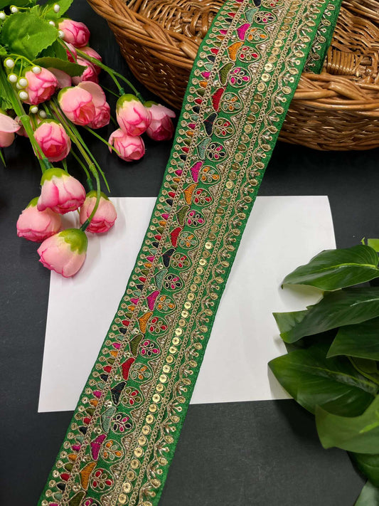 Exquisite Embroidered Lace Border – 9 Meters, 2.5-Inch Sabyasachi Inspired Designer Trim for Sarees & Lehengas | Parrot Green