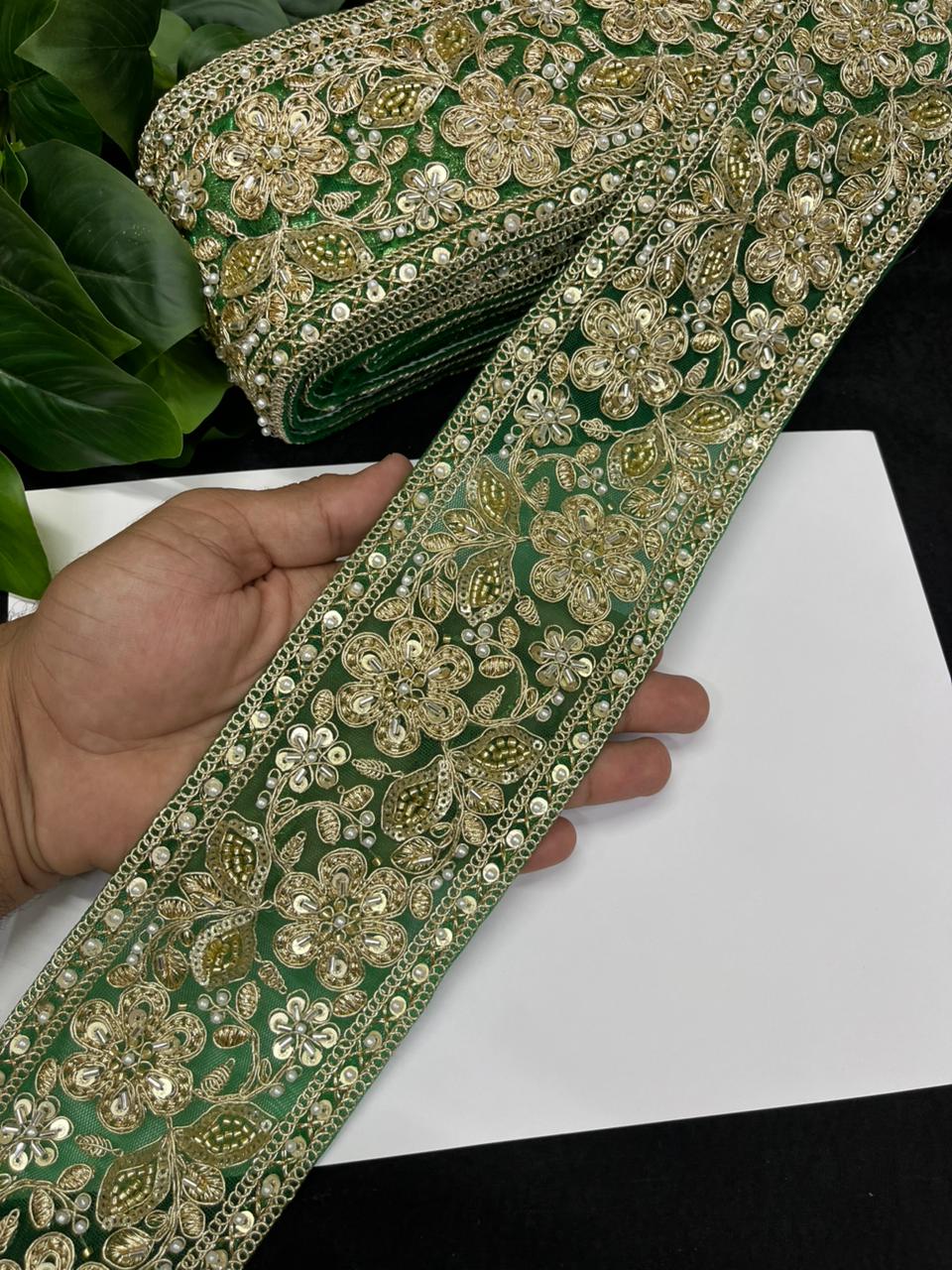 Designer Maggam Work Saree Lace on Net Fabric – Handcrafted Embroidered Lace Border for Sarees, Blouses & Lehengas (3.5 Inch) | Parrot Green