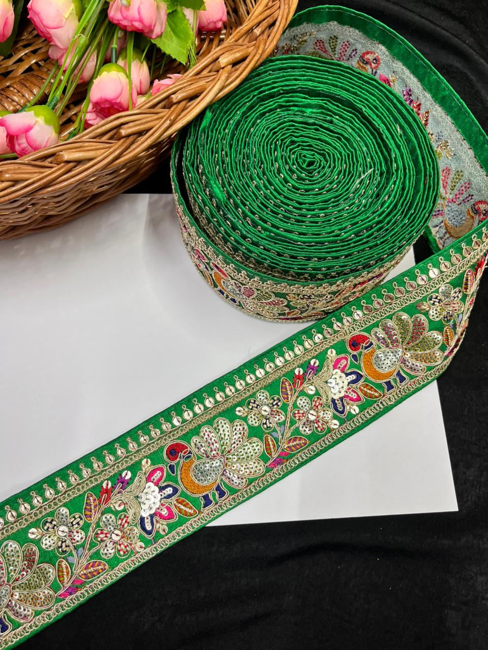 Peacock Design Sequins Work Embroidered Lace Designs – Premium Designer Embroidered Lace | Parrot Green