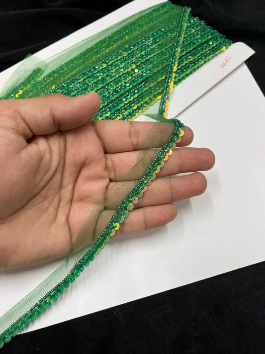 Handmade Sequins Lace Trim for Sarees, Blouses & Dresses – Narrow Handwork Embroidered Lace Border (1 cm) | Parrot Green
