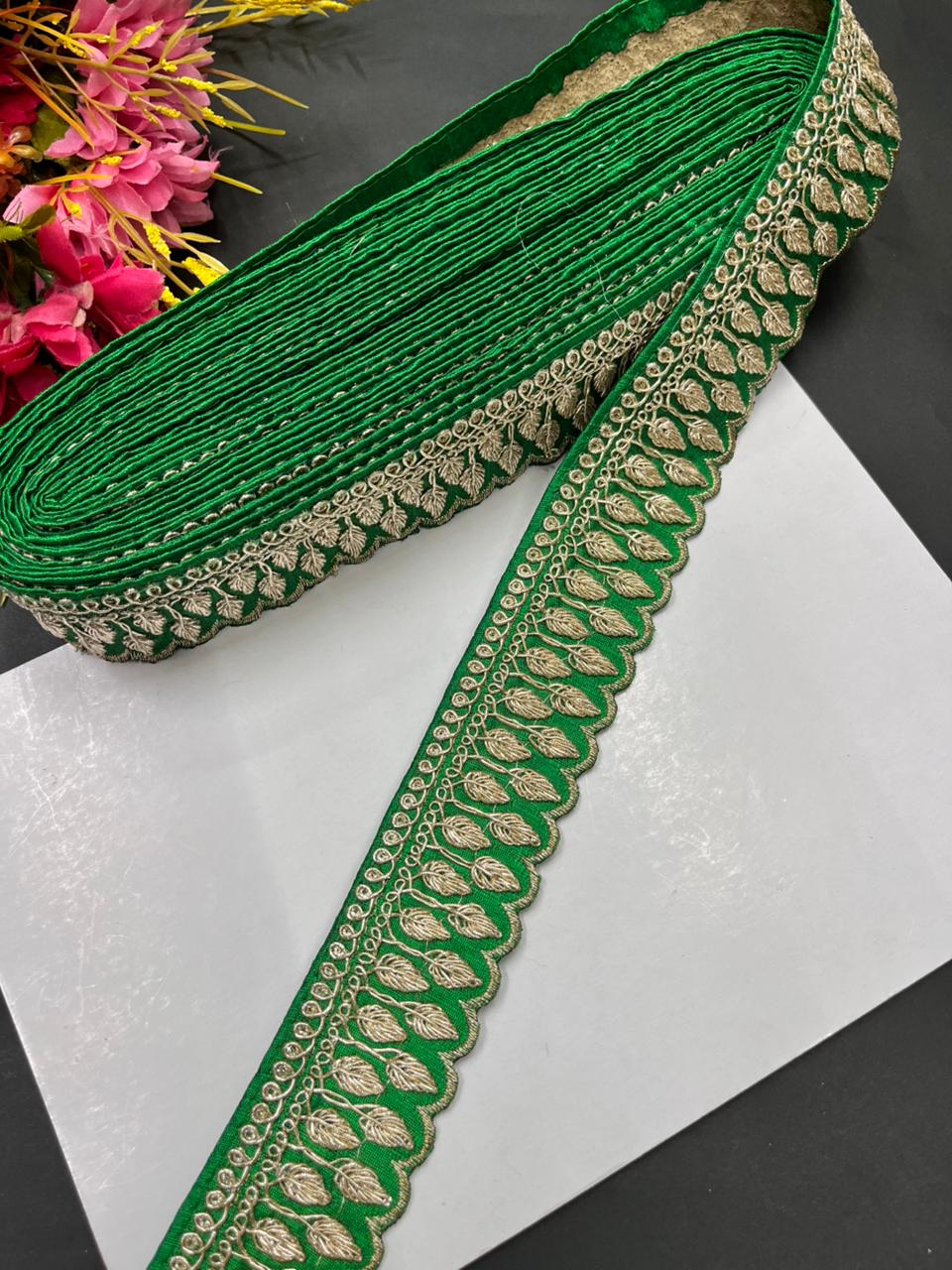 Zari Embroidered Saree Laces – Premium Designer Borders for Sarees, Lehengas & Dupattas (9 Meter, 1.5 Inch Width) | Parrot Green