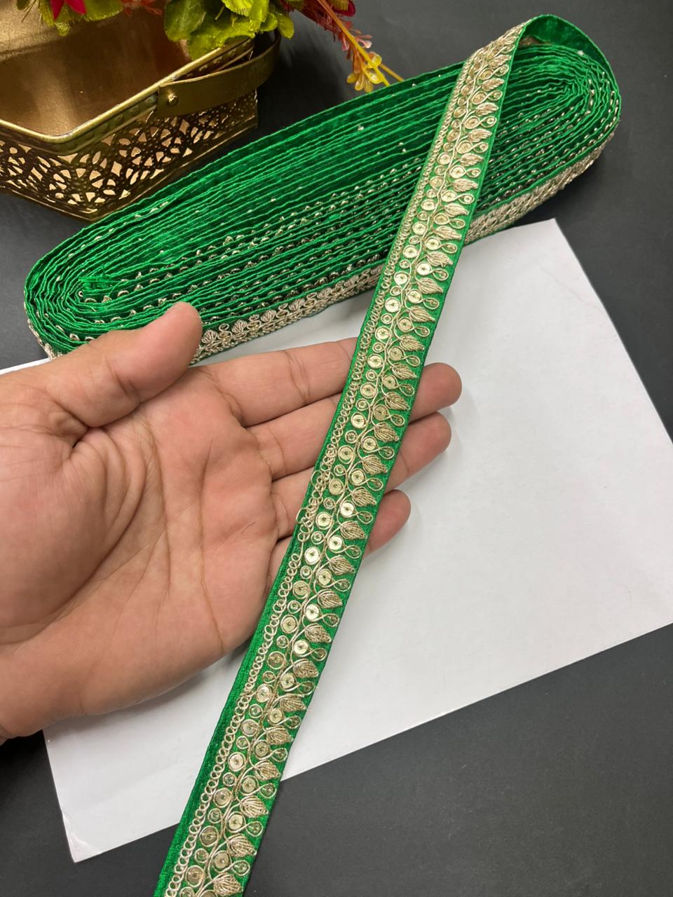 Zari Embroidered Silk Lace – Premium Designer Border for Sarees, Lehengas & Dupattas (9 Meter, 1 Inch Width) | Parrot Green