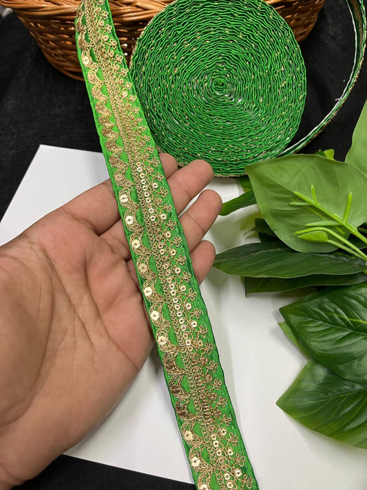 Gold Embroidered Saree Laces for Sarees, Kurtis, Dupattas, Dresses & Lehengas – 9 Meters, 1.25-Inch Decorative Border | Parrot Green