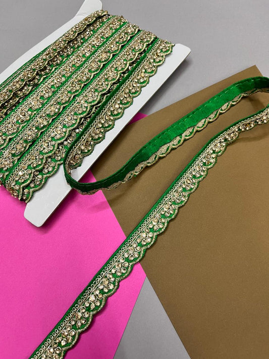 Stonework Embroidery Scalloped Saree Lace – Designer Maggam Work Border for Sarees, Dupattas & Lehengas (9 Meter, 0.5 Inch Width) | Parrot Green