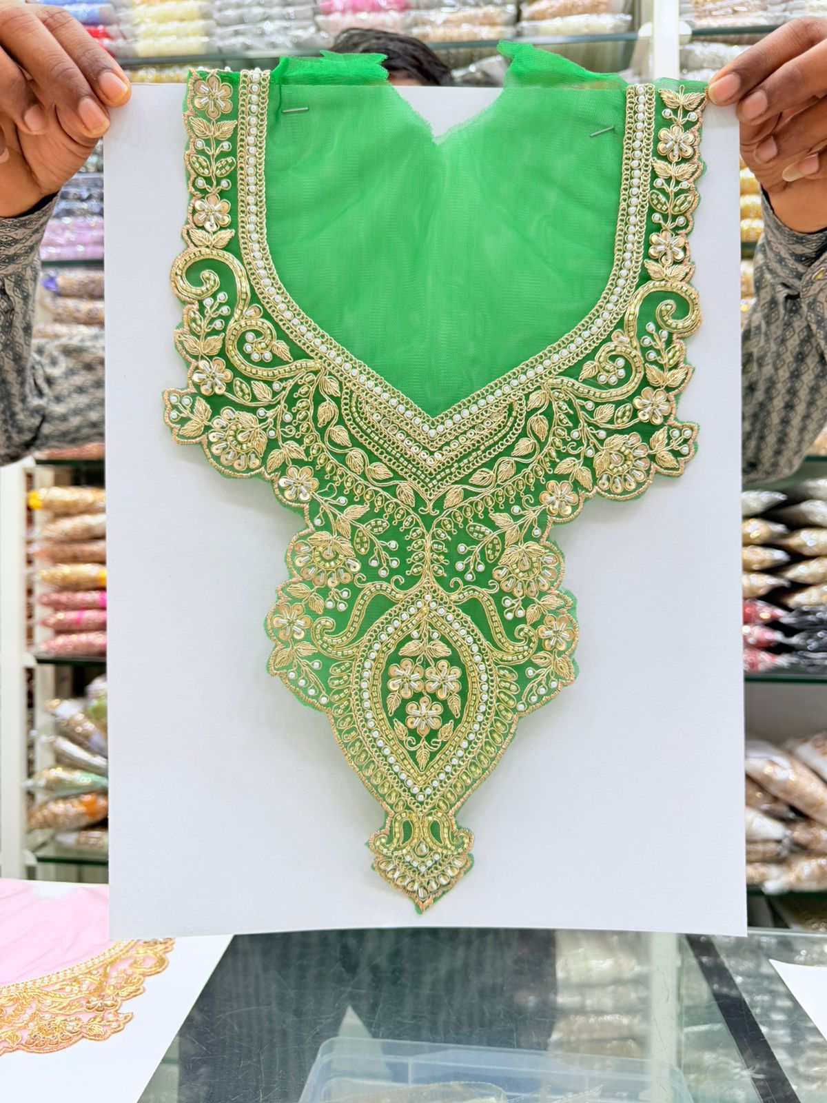Beautiful Neck Patch for Dresses & Kurtis – Elegant Designer Embellished Neck Applique | Parrot Green